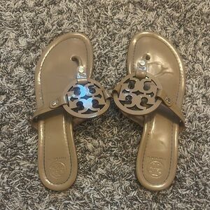 Tory Burch Metallic Gold Miller Sandals with Logo Medallion